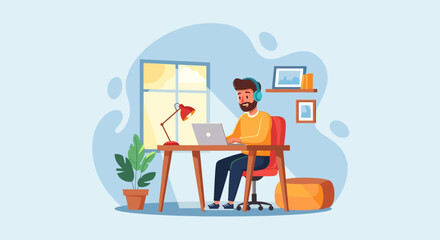 Man working from home on laptop, wearing headphones. Perfect for remote work, freelance, or online business websites and blogs.