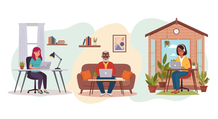 Diverse group of people working remotely from home, perfect for illustrating work from home concepts, telecommuting, or remote work.