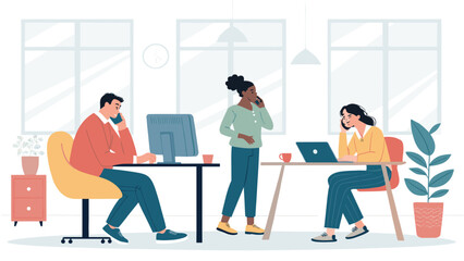 Diverse team working in a modern office, perfect for illustrating teamwork and collaboration in business brochures or websites.