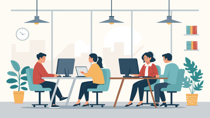 Diverse team collaborating in a modern office setting. Ideal for websites, presentations, and brochures promoting teamwork and productivity.