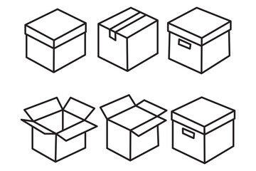 Box icons set. Shipping, delivery box or container icons. Carton box simple icon collection. Delivery symbol Empty open shipping box or unboxing line art