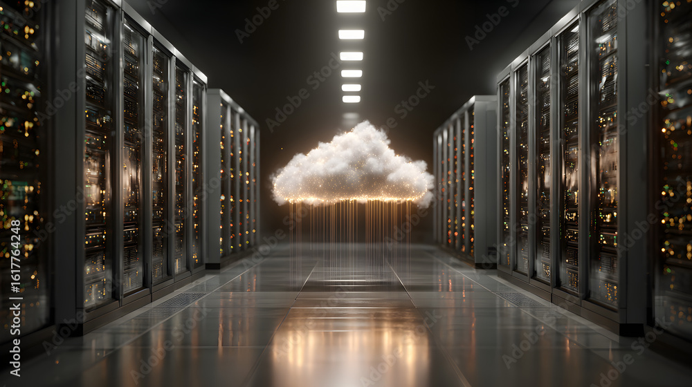 Poster a visually striking representation of cloud computing, showcasing towering servers with a digital cl
