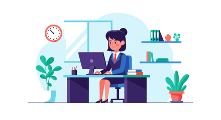 Businesswoman working at her desk in a modern office, ideal for website banners or presentations.