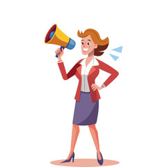 Confident Female Boss with Megaphone Leading Team, Businesswoman Empowerment, Motivational Leadership, Woman Manager Shouting Announcement, Corporate Success Vector Illustration