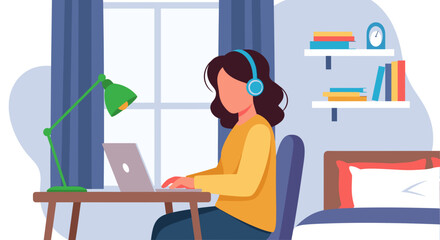 Woman working from home on laptop, wearing headphones. Perfect for blog posts about remote work, online learning, or work-life balance.