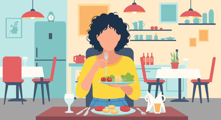 Woman enjoying a healthy meal in a modern kitchen - perfect for blogs, recipe websites or healthy eating campaigns.