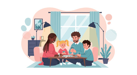 Happy family playing a board game together at home - perfect for family blogs, parenting websites, or articles about family bonding.