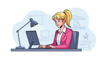 Young businesswoman working on computer in modern office - perfect for website banners, brochures, and business presentations.