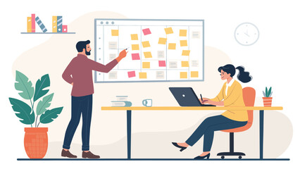 Teamwork and Project Planning: Illustration of colleagues collaborating on a project using a Kanban board.