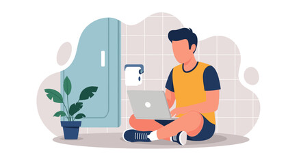 Young man working on laptop in bathroom, illustration for blog post or website.