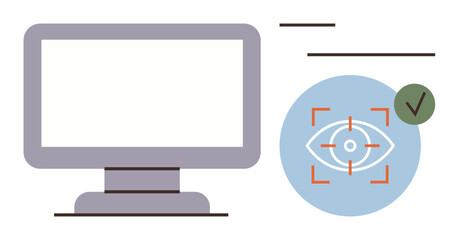 Computer monitor beside an eye icon with red focus lines and green checkmark represents focus tracking and data accuracy. Ideal for technology, analytics, user interface, security, accessibility