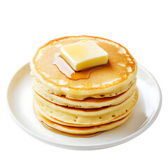 Stack of golden pancakes topped with a pat of melting butter on a white plate