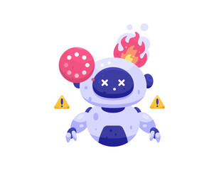 an AI system error concept. artificial intelligence is having problems. illustration of a robot assistant burning due to work overload. AI is broken. flat style design. elements. white background