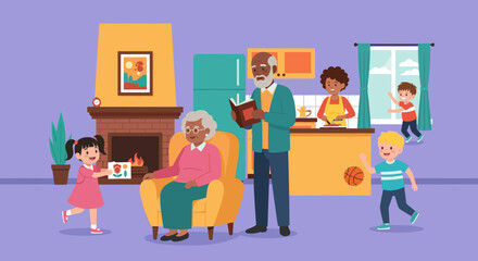 Happy multigenerational family at home: Illustration perfect for family blogs, websites, and social media posts.