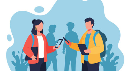 Two young adults using smartphones and tablets, perfect for a website or app showcasing technology or communication.