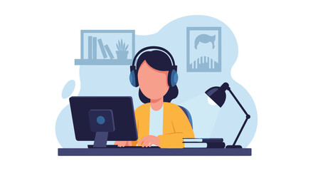 Woman working from home on computer wearing headphones, perfect for remote work, online education, or communication blogs.