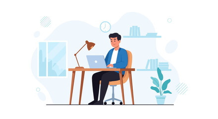 Man working on laptop at home office, perfect for website banners or blog posts about remote work.