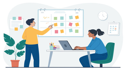 Collaborative Teamwork: Illustration of two colleagues working together on a project, perfect for presentations or website banners.