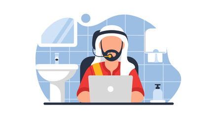 Arab businessman working remotely from home office, using laptop and headset. Perfect for website banners, blogs, and presentations.