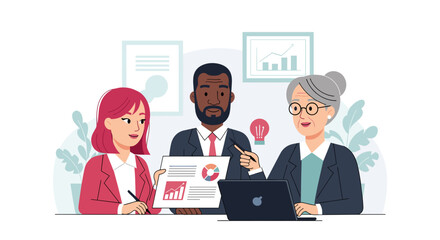 Diverse business team analyzing data; ideal for websites, presentations, and reports on teamwork and success.