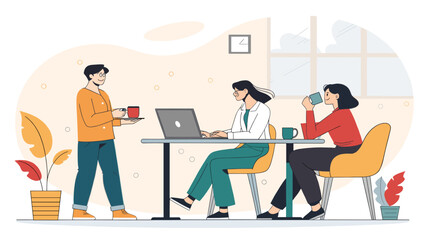 Coworkers enjoying a coffee break in a modern office, perfect for a blog post about workplace culture.