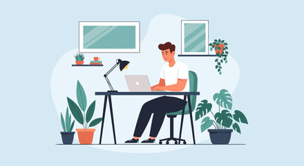 Man working from home on laptop, surrounded by plants. Ideal for blogs about remote work, productivity, or home offices.