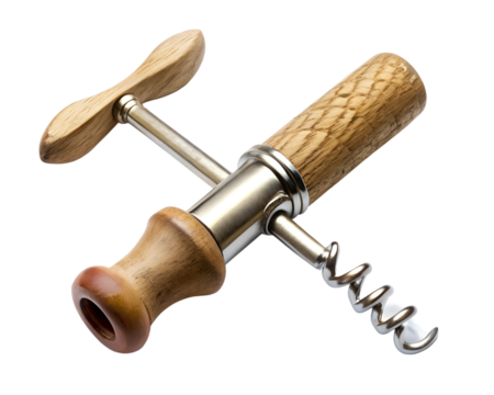 A wooden and metal corkscrew isolated on transparent background