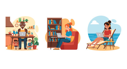 Remote Work: Diverse People Working from Different Locations - Perfect for blogs, articles, and presentations on flexible work.