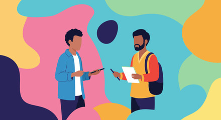 Two diverse young men collaborating, ideal for websites, presentations, and brochures related to teamwork, communication, and technology.