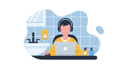 Person working from home in a bathroom, perfect for articles on remote work or work-life balance.