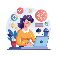 Female CEO confidently designing a modern logo, creative businesswoman brainstorming brand identity, professional corporate leader working on graphic design, innovative company branding concept.