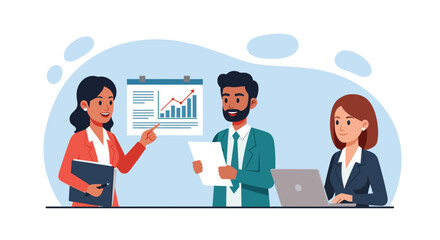 Diverse business team presenting growth chart, perfect for landing pages and brochures.