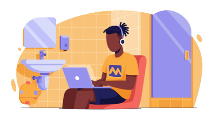 Man working on laptop in a bathroom, perfect for illustrating remote work or flexible work arrangements.