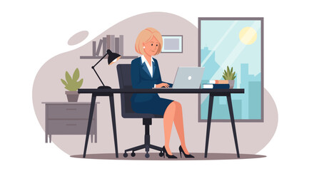Businesswoman working on laptop in modern office, ideal for website banners or corporate brochures.