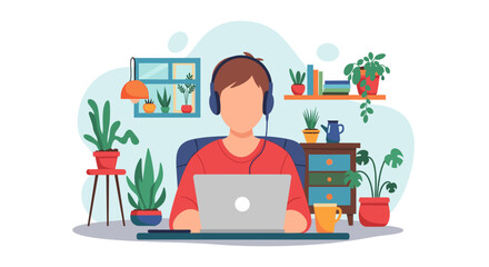 Person working from home with laptop and headphones, surrounded by plants - perfect for blog posts about remote work or well-being.