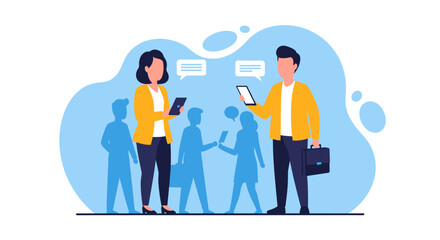 Business professionals communicating using digital devices, ideal for presentations or website banners.