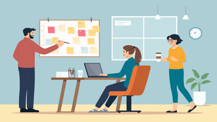 Teamwork in a modern office: Illustration of colleagues collaborating on a project, perfect for website banners or presentations.
