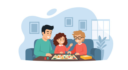 Happy family playing board game at home, perfect for family fun websites and blogs.
