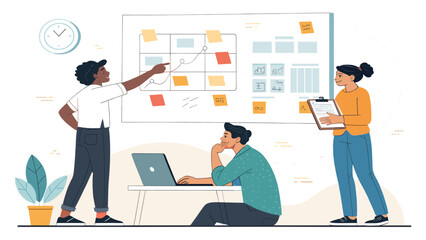 Diverse team collaborating on a project, brainstorming ideas on a whiteboard, perfect for business presentations and website banners.