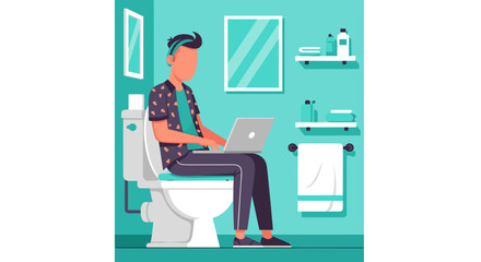 Man working on laptop while sitting on toilet in bathroom - Illustration for blog post, social media.