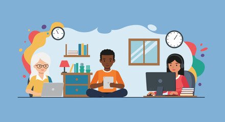 Diverse group of people working remotely from home, perfect for illustrating work from home, online education, or remote collaboration concepts.