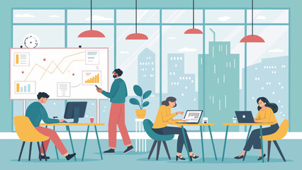 Modern office workers collaborating on projects, perfect for business presentations or website banners.