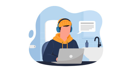 Person working on laptop in bathroom, perfect for illustrating remote work or multitasking concepts for websites or blogs.