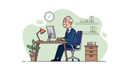 Senior businessman working at computer in office, perfect for website banners or retirement planning brochures.