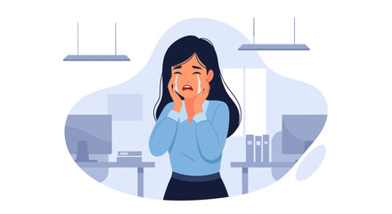 Upset businesswoman crying at work, suitable for articles on workplace stress and mental health.