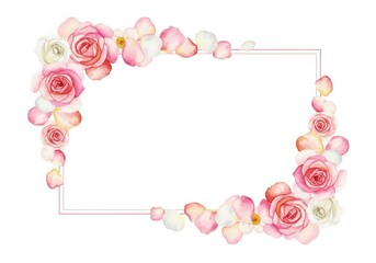 Obraz premium A rectangular floral frame with pink white roses petals adorns corners