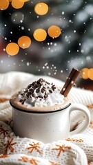 A cozy winter steaming mug of hot chocolate with cinnamon sticks, topped with whipped cream and chocolate shavings, on a knitted blanket, with bokeh lights and falling snow, wallpaper