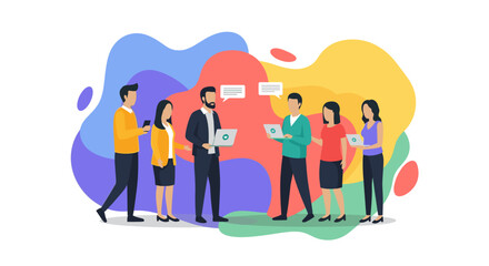 Diverse team collaborating on laptops and smartphones, ideal for website banners or presentations.