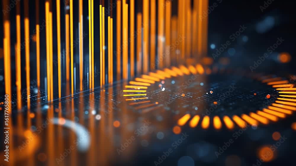 Poster a dark blue background with glowing data visualization charts and graphs, creating an atmosphere of 