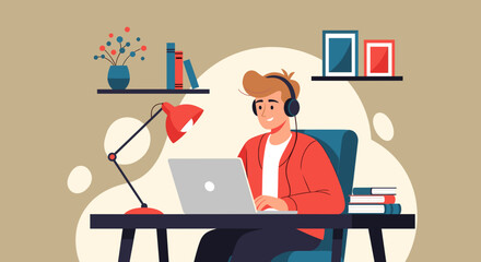 Happy man working from home on laptop, perfect for website banners or blog posts about remote work.